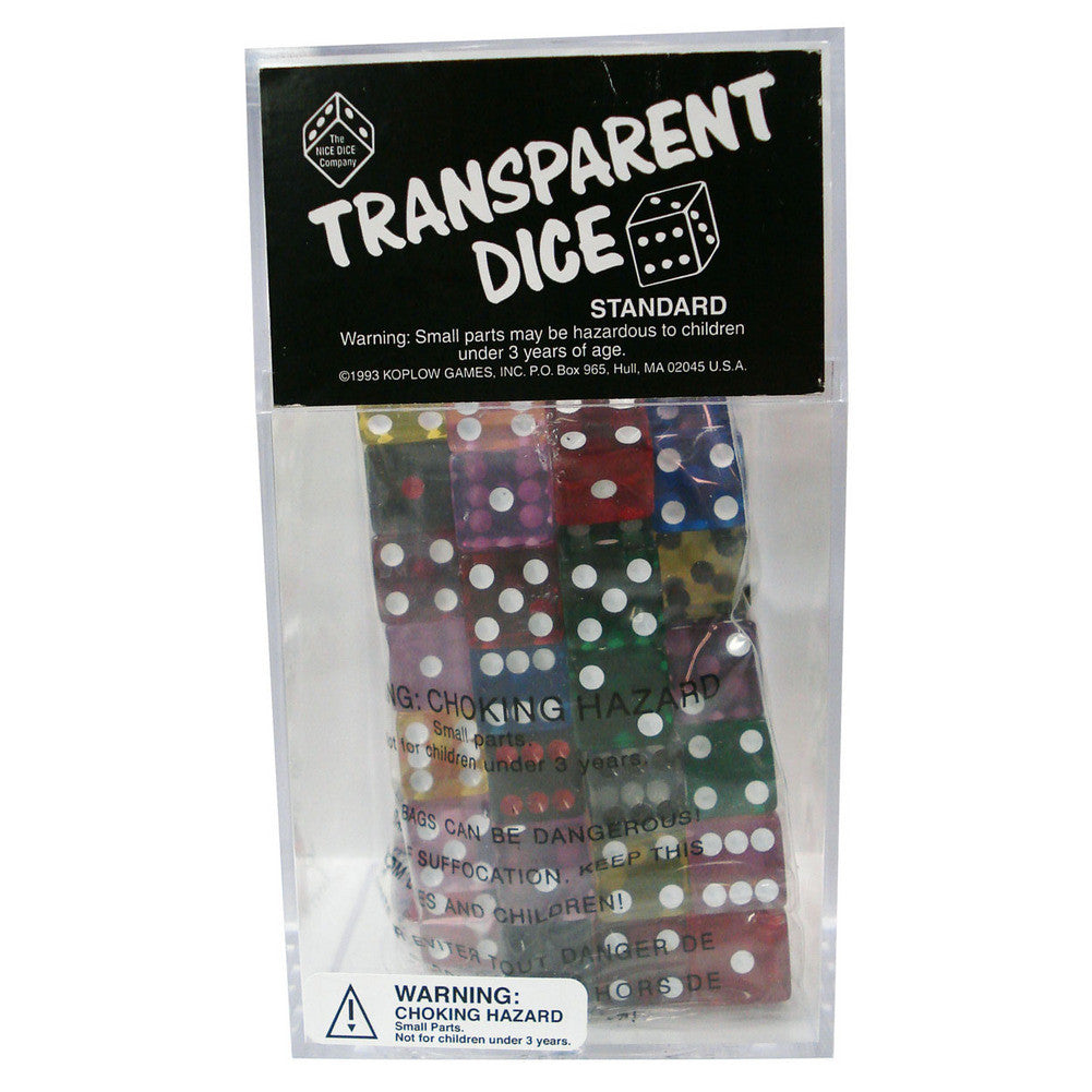 Dice: D6 100/box 16mm Transparent Asst.