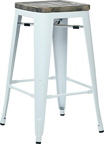 Osp Designs Brw312611a4-c306 Bristow 26" Antique Metal Barstool With Vintage Wood Seat, White Finish Frame & Ash Crazy Horse Finish Seat, 4 Pack