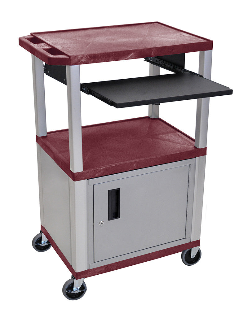 H Wilson Wtps42byc4e-n H. Wilson Tuffy Burgundy 42" 3 Shelf Cart With Black Pullout Shelf & Nickel Cabinet & Legs