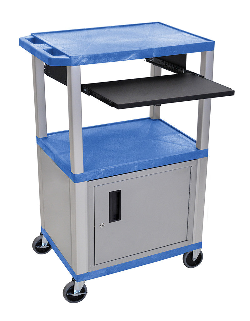 H Wilson Wtps42buc4e-n H. Wilson Tuffy Blue 42" 3 Shelf Cart With Black Pullout Shelf & Nickel Cabinet & Legs