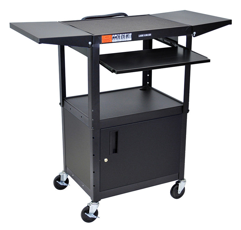 Luxor Avj42kbcdl Luxor Adjustable Height Black Metal A/v Cart With Pullout Keyboard Tray, Cabinet & 2 Drop Leaf Shelves