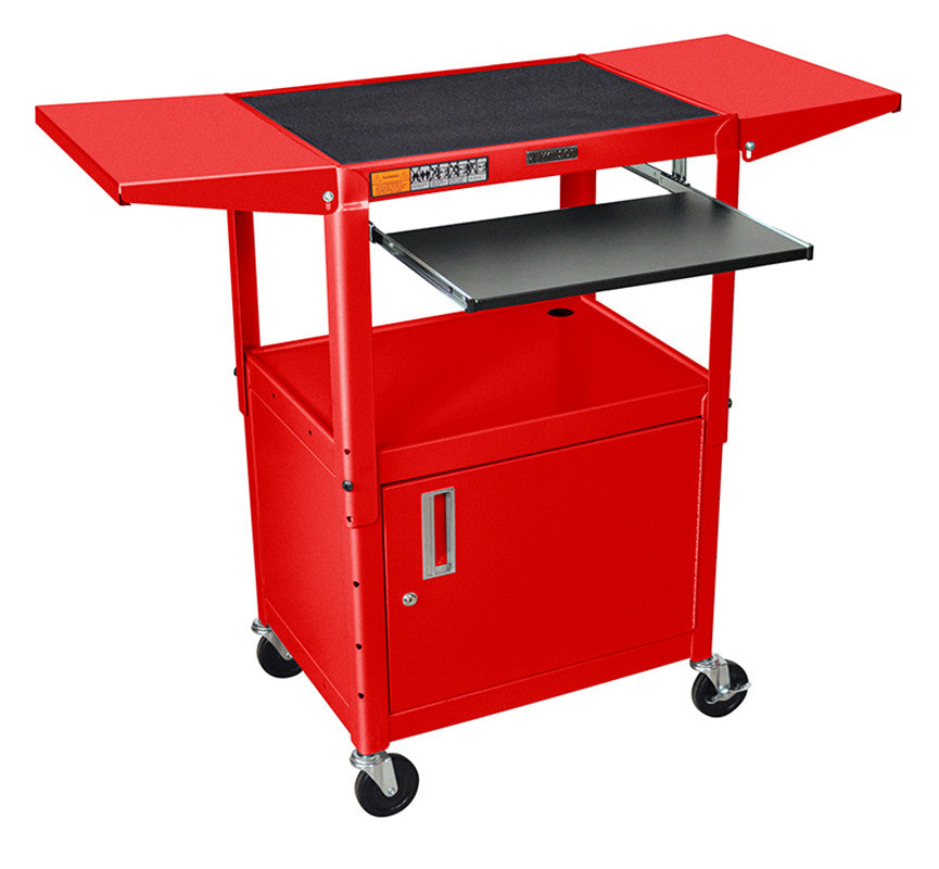 Luxor Avj42kbcdl-rd Luxor Adjustable Height Red Metal A/v Cart With Pullout Keyboard Tray, Cabinet & 2 Drop Leaf Shelves