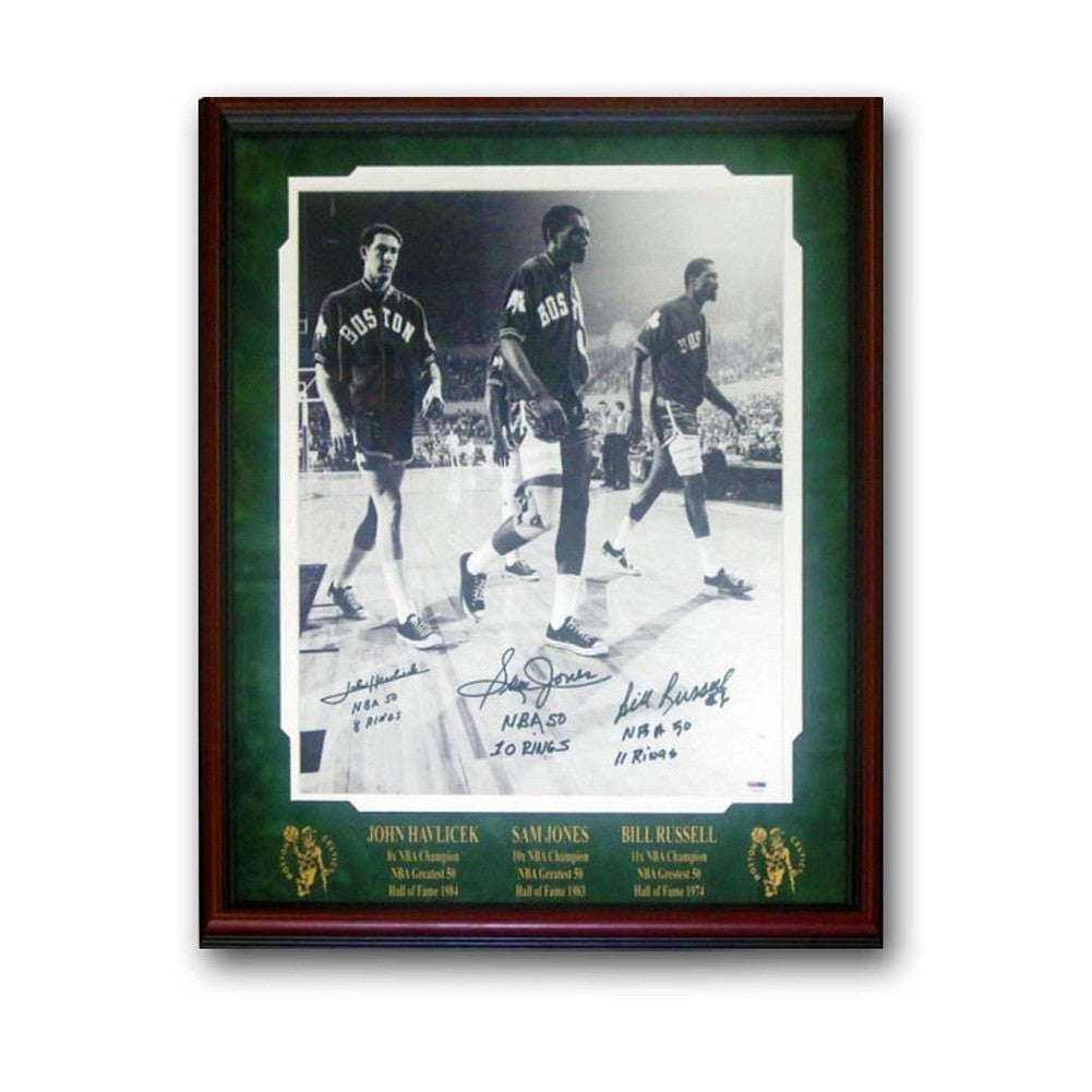 Autographed 3 Signature 16x20 Inch Frame Photo Signed By John Havlicek, Sam Jones And Bill Russell.