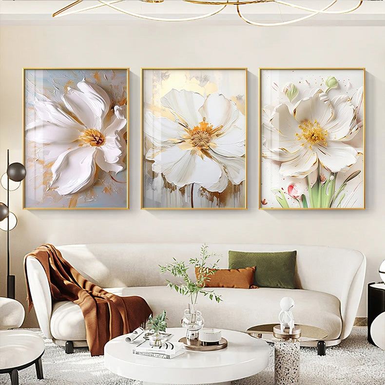 Light Luxury Big White Petal Floral Wall Art Fine Art Canvas Prints - Modern Botanical Art For Living Room Reception Room Foyer Art For Contemporary Interiors