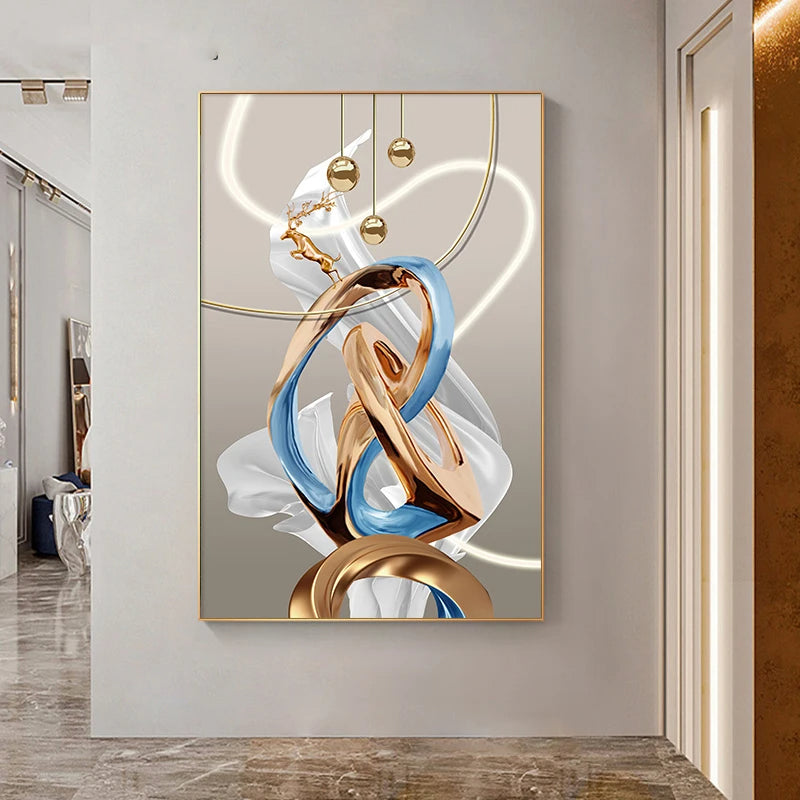 Abstract Auspicious Golden Deer Landscape Wall Art Fine Art Canvas Prints - Pictures For Modern Apartment Living Room Reception Room Foyer Art Decor