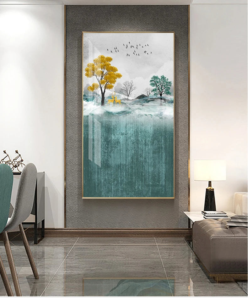 Auspicious Golden Deer Mountain Abstract Landscape Wall Art Fine Art Canvas Prints - Pictures For Living Room Dining Room Light Luxury Art For Modern Interiors