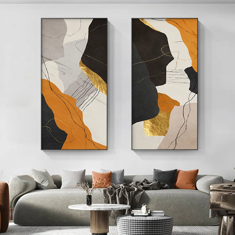 Bold Orange Black Golden Nordic Wall Art Fine Art Canvas Prints - Vertical Format Pictures For Living Room Dining Room Foyer Art For Contemporary Home Decor