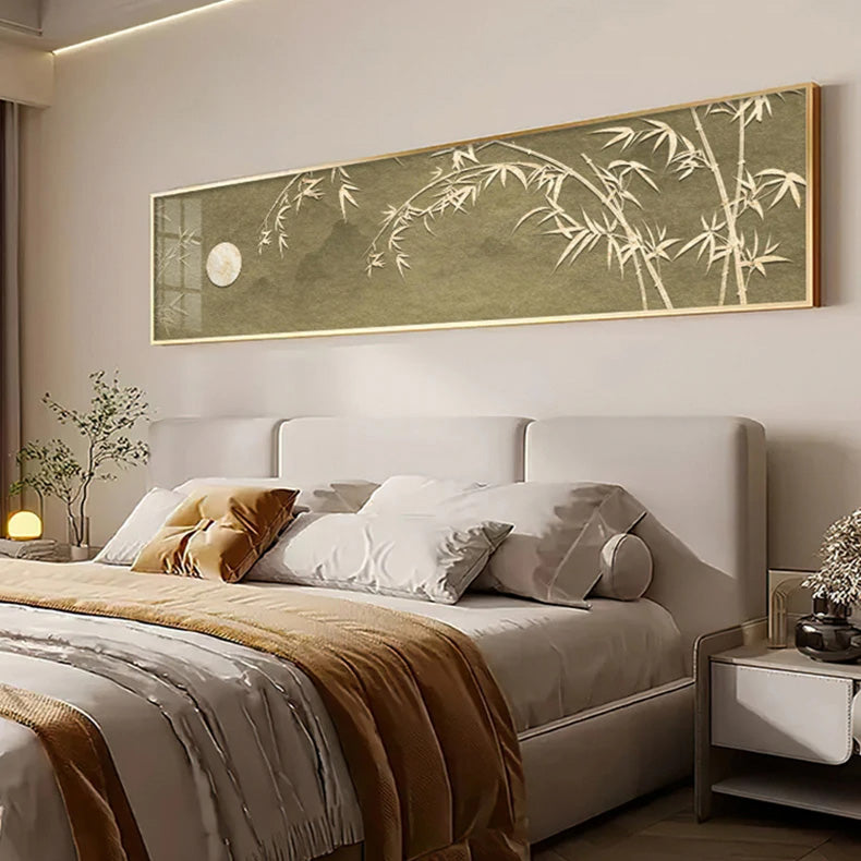 Green/Beige Oriental Bamboo Moonlight Wide Format Wall Art Fine Art Canvas Prints - Living Room Artworks For Above The Sofa Wide Art For Above The Bed