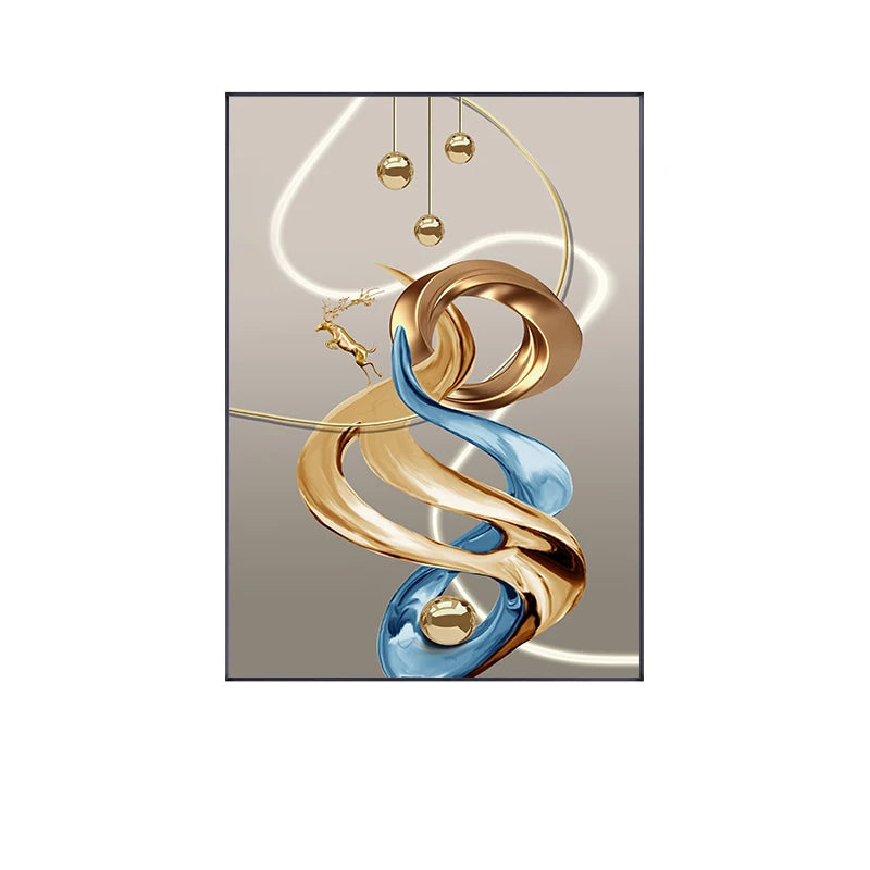 Abstract Auspicious Golden Deer Landscape Wall Art Fine Art Canvas Prints - Pictures For Modern Apartment Living Room Reception Room Foyer Art Decor