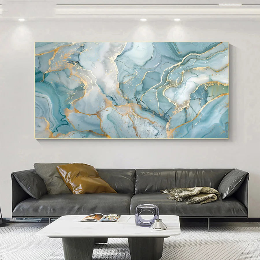 Azure Green Golden Marble Print Wall Art Fine Art Canvas Prints - Abstract Wall Art Picture For Modern Apartment Living Room Bedroom Art For Contemporary Interiors