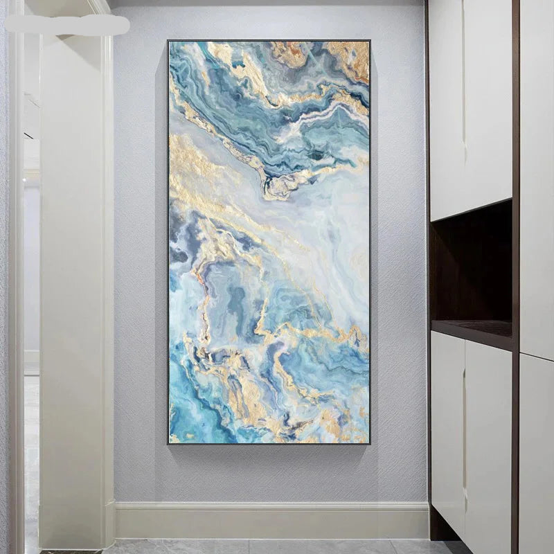 Light Luxury Golden Blue Marble Print Wall Art Fine Art Canvas Prints - Modern Art For Living Room Entranceway Hallway Foyer Art For Contemporary Home Office Decor