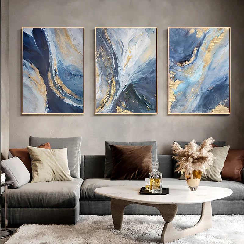 Set of 3Pcs Blue Grey Golden Abstract Flowing Ocean Wall Art Fine Art Canvas Prints - Modern Art For Living Room Dining Room Bedroom Art For Contemporary Interiors