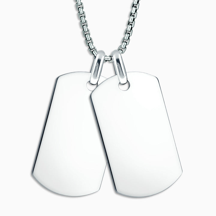 Men's Large Sterling Silver Flat Edge Double Dog Tags Necklace with Box Link Chain