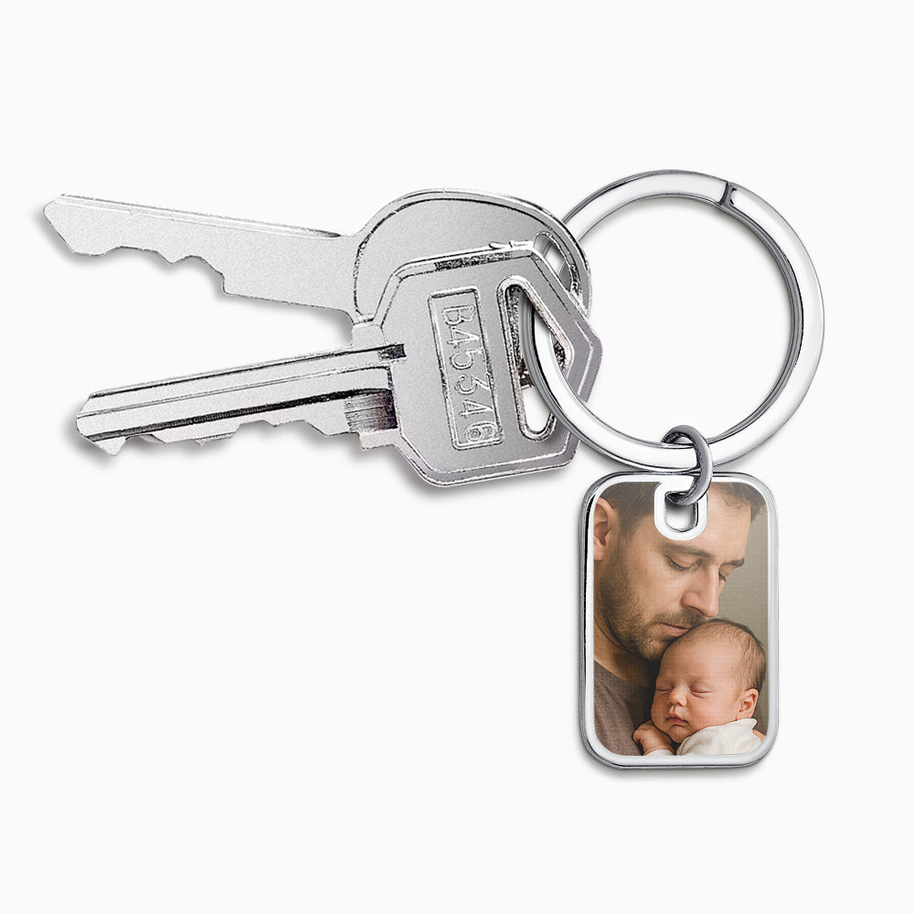 Custom Engraved Baby Footprint Sterling Silver Rectangle Photo Frame Keychain - KCSL250626 - Split ring fits all Keys