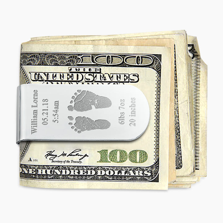 MSL250511 - Custom Engraved Curved-Edge Sterling Silver Baby Footprint Money Clip with Cash