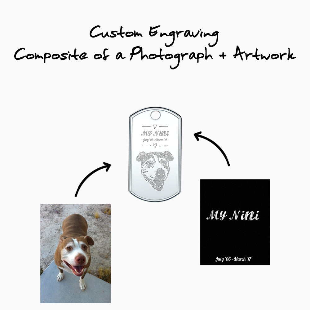 Mens Large Sterling Silver Raised Edge Dog Tag Pendant with Custom Engraving of a Photograph of a Pet and Artwork