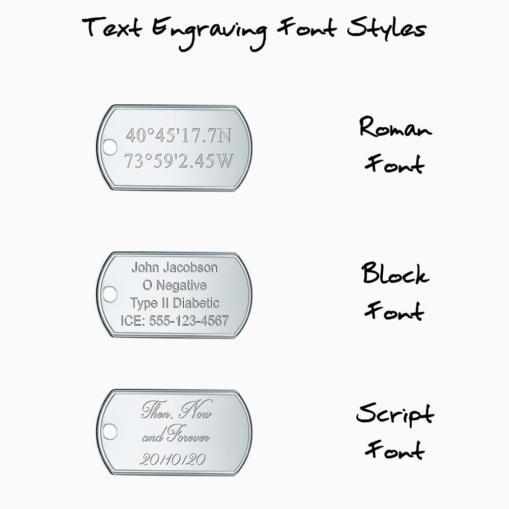 Dog tag pendant text engraving in Roman, Block and Script font