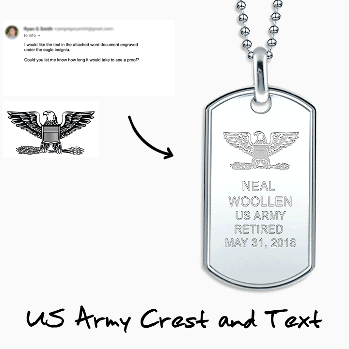 Mens Large Sterling Silver Raised Edge Dog Tag Pendant with Custom Engraving of US Army Colonel Insignia and Text