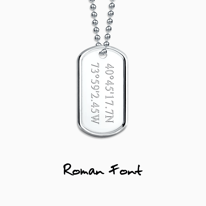 Dog tag pendant text engraving in Roman, Block and Script font