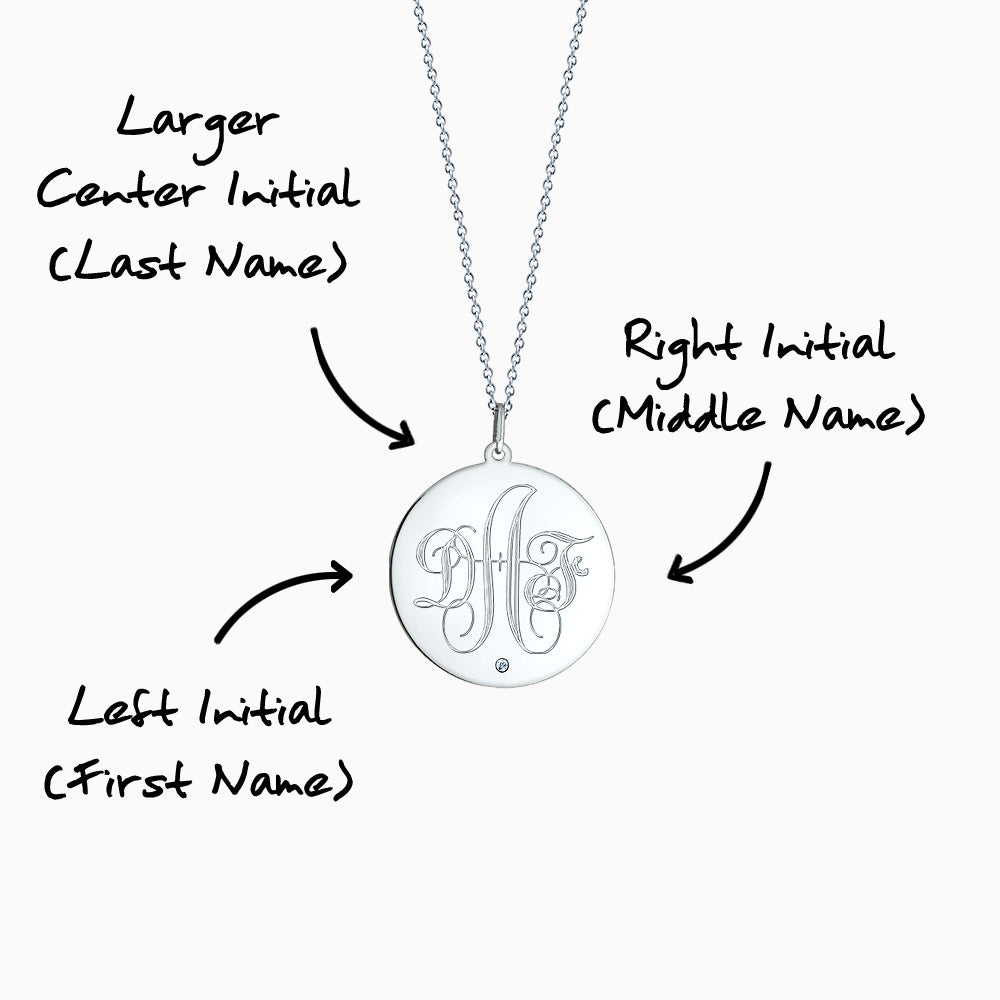 Engravable 1 inch Sterling Silver Monogram Disc Charm Necklace with Single Diamond 3 Initial Monogram Instructions