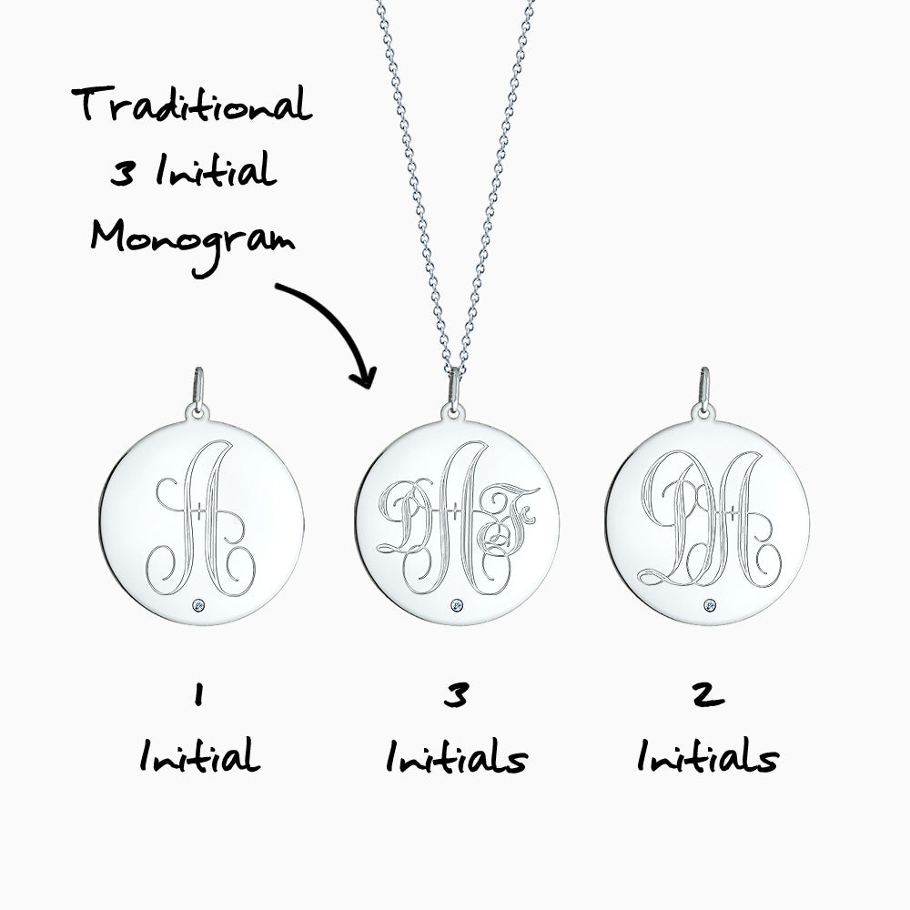 Engravable 1 inch Sterling Silver Monogram Disc Charm Necklace with Single Diamond Front Monogram Initial Options