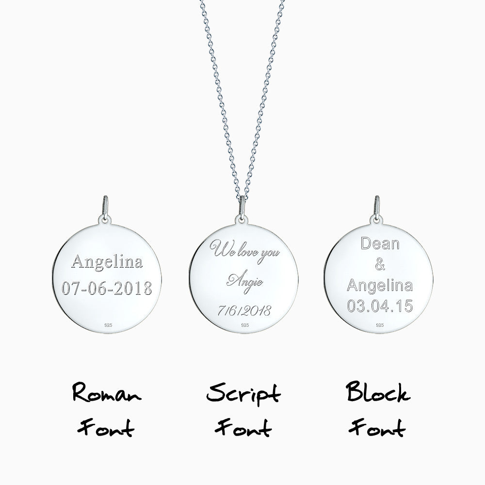 Engravable 1 inch Sterling Silver Monogram Disc Charm Necklace with Single Diamond - Pendant Text Engraving in Roman, Block and Script Font