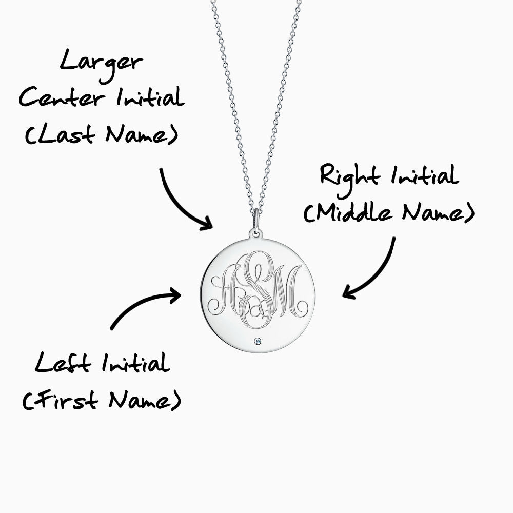 Engravable 1 inch 14k White Gold Monogram Disc Charm Necklace with Single Diamond 3 Initial Monogram Instructions