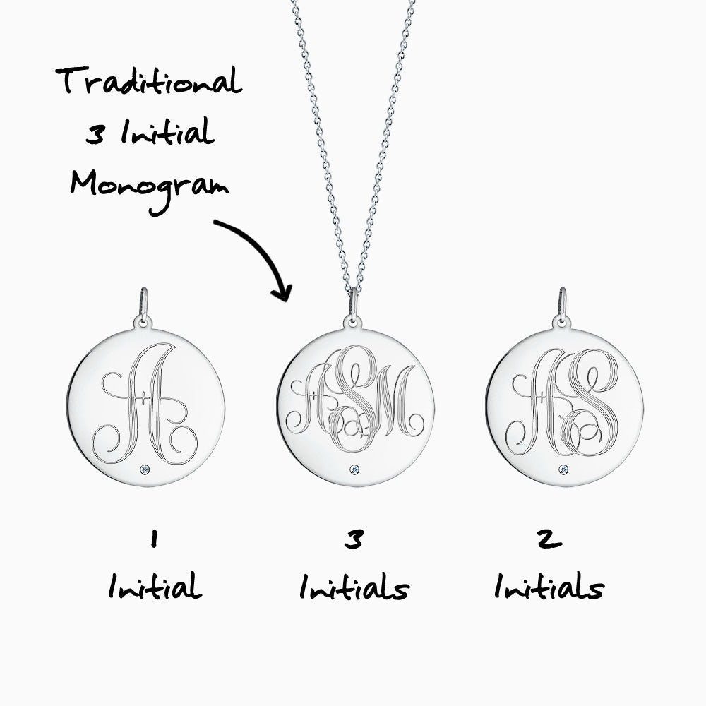 Engravable 1 inch 14k White Gold Monogram Disc Charm Necklace with Single Diamond Front Monogram Initial Options