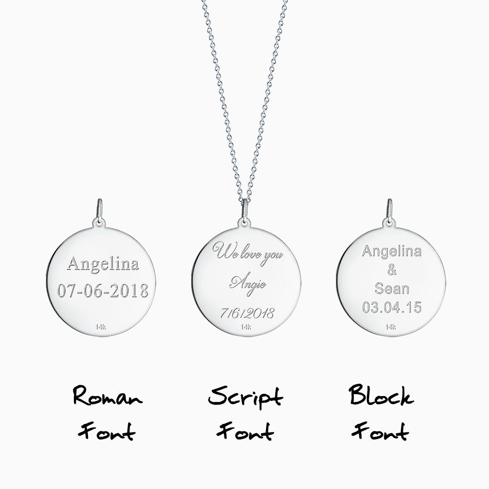 Engravable 1 inch 14k White Gold Monogram Disc Charm Necklace with Single Diamond - Pendant Text Engraving in Roman, Block and Script Font