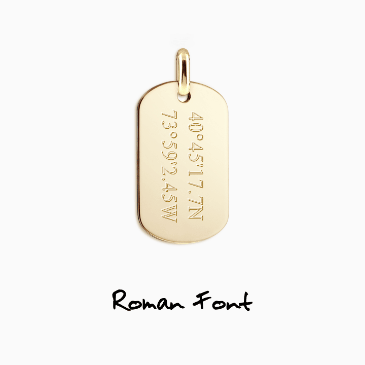 Men's Medium 14k Yellow Gold Flat-Edge Dog Tag pendant text engraving in Roman, Block and Script font