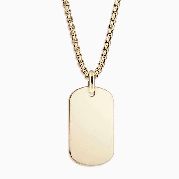 Men's Medium 14k Yellow Gold Flat-Edge Dog Tag Necklace with Rounded Box-Link Chain