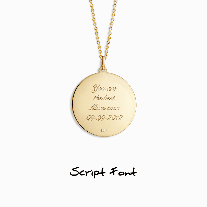 The back of this disc charm necklace can be engraved with up to 4 lines of text