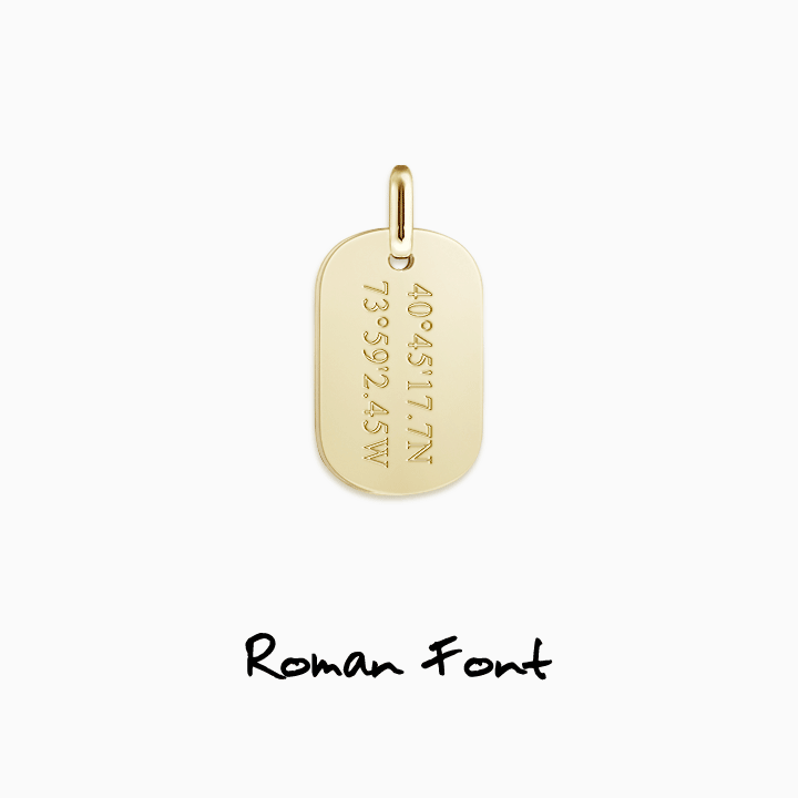 Mens Small 14k Yellow Gold Flat Edge Double Dog Tag pendant text engraving in Roman, Block and Script font
