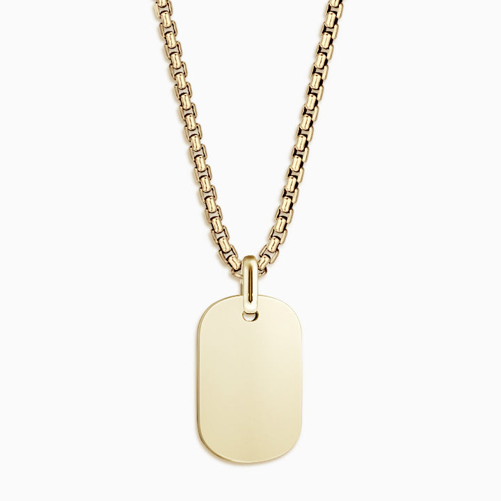 Men's Small 14k Yellow Gold Flat-Edge Dog Tag Necklace with Rounded Box-Link Chain