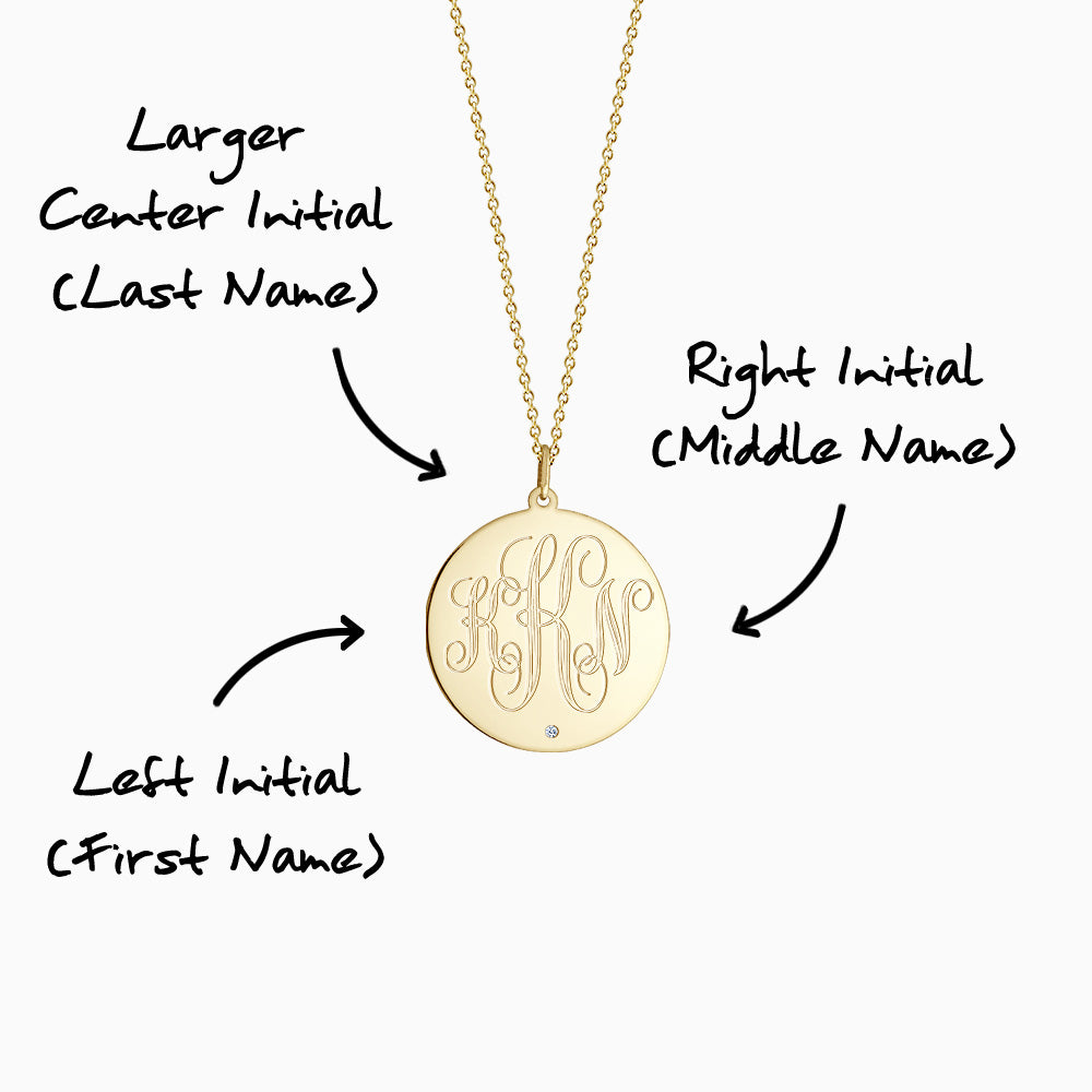 Engravable 1 inch 14k Yellow Gold Monogram Disc Charm Necklace with Single Diamond - 3 Initial Monogramming Instructions