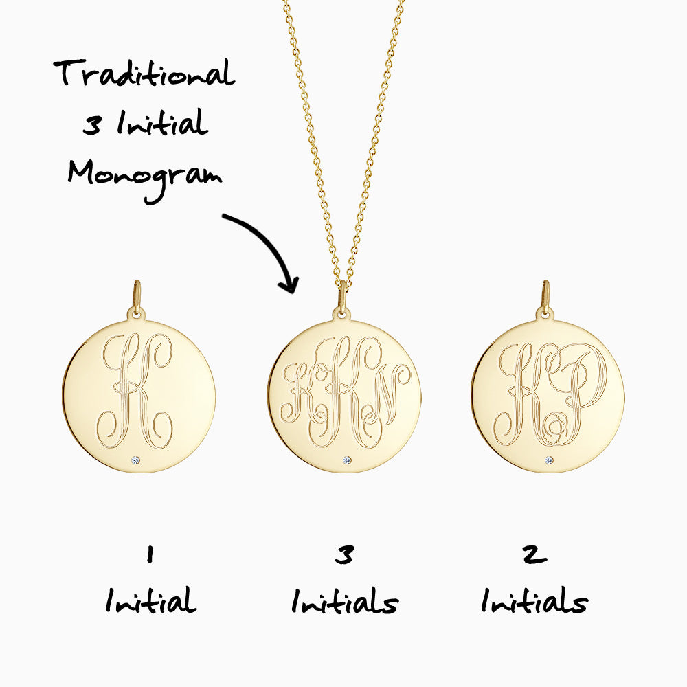 Engravable 1 inch 14k Yellow Gold Monogram Disc Charm Necklace with Single Diamond - Front Monogram Initial Options