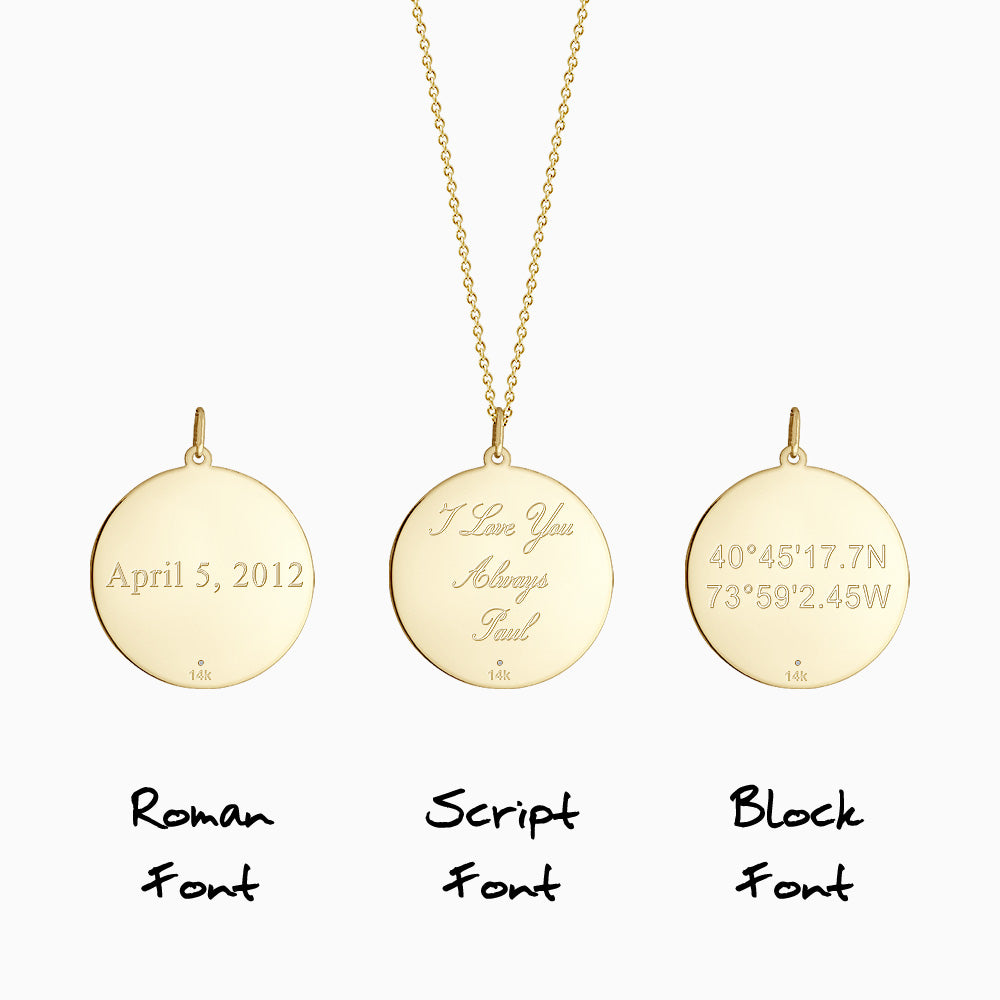 Engravable 1 inch 14k Yellow Gold Monogram Disc Charm Necklace with Single Diamond - Pendant Text Engraving in Roman, Block and Script Font