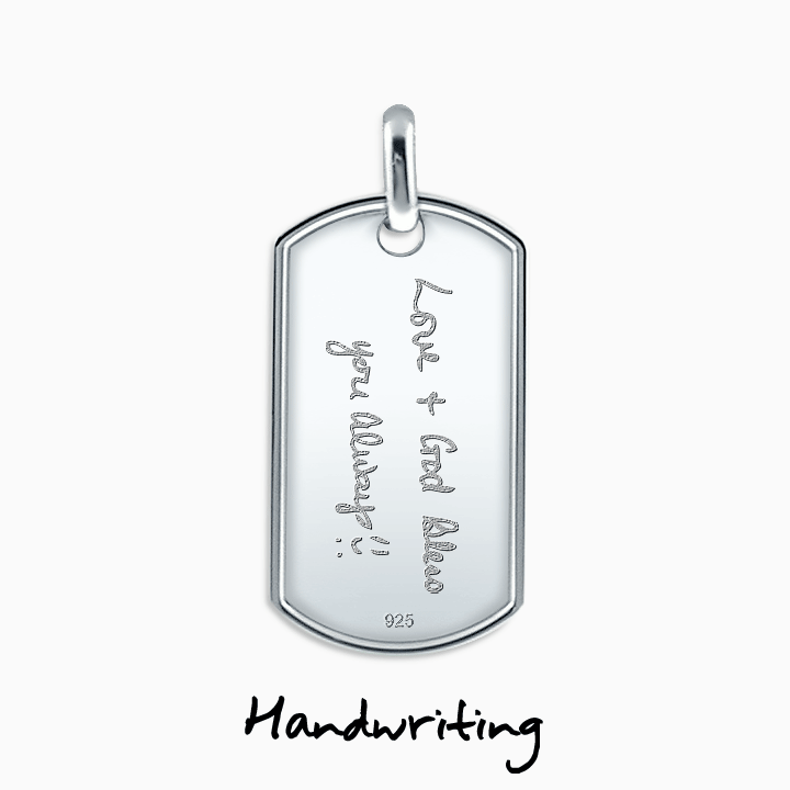Select Custom Engraving for lengthy text, handwriting and artwork on the back of this dog tag necklace