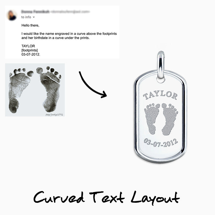 The front of this dog tag necklace can be custom engraved with actual baby footprints with text engraved in an arch above and below