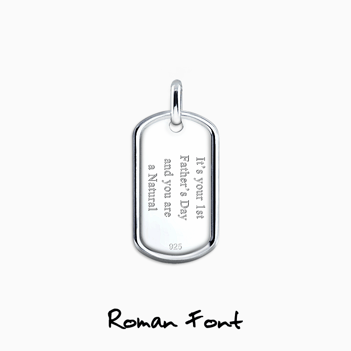 Dog tag necklace text engraving is available in Roman, Block and Script font styles