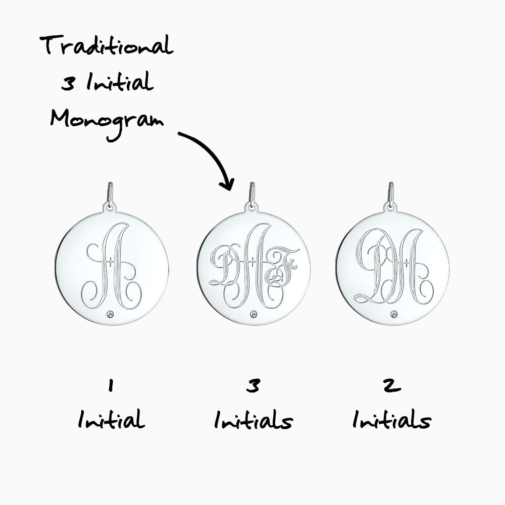 Engravable 1 inch Sterling Silver Monogram Disc Charm Pendant with Single Diamond - Front Monogram Initial Options