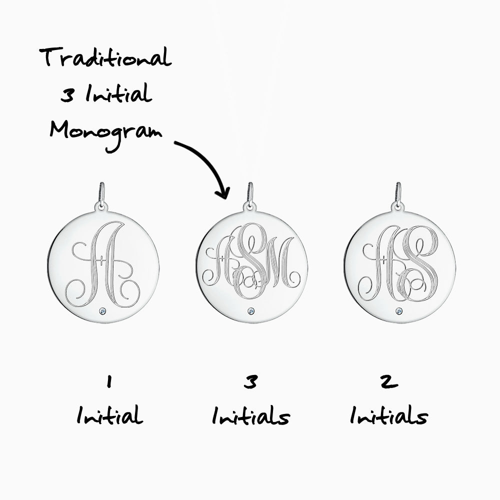 Engravable 1 inch 14k White Gold Monogram Disc Charm Pendant with Single Diamond - Front Monogram Initial Options