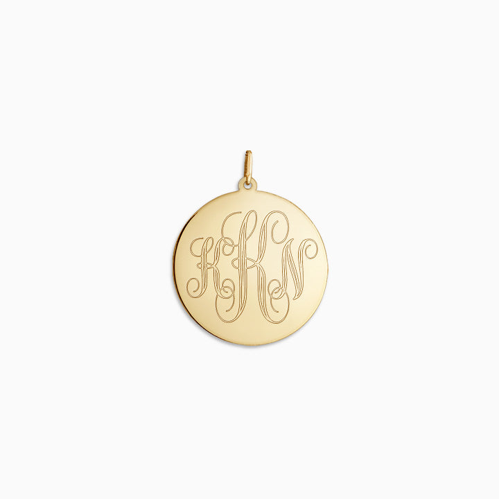 Engravable 1 inch 14k Gold Interlocking Script Initial Monogram Disc Charm Pendant - Front Engraving