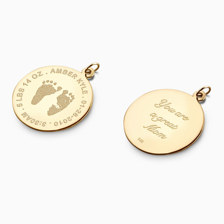 1 inch 14k Yellow Gold Disc Charm Pendant with Actual Baby Footprints