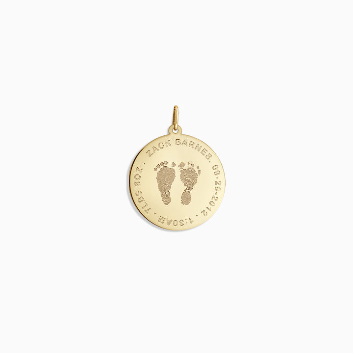 7/8 inch 14k Gold Custom Engraved Actual Baby Footprint Disc Charm Pendant - Front Engraving