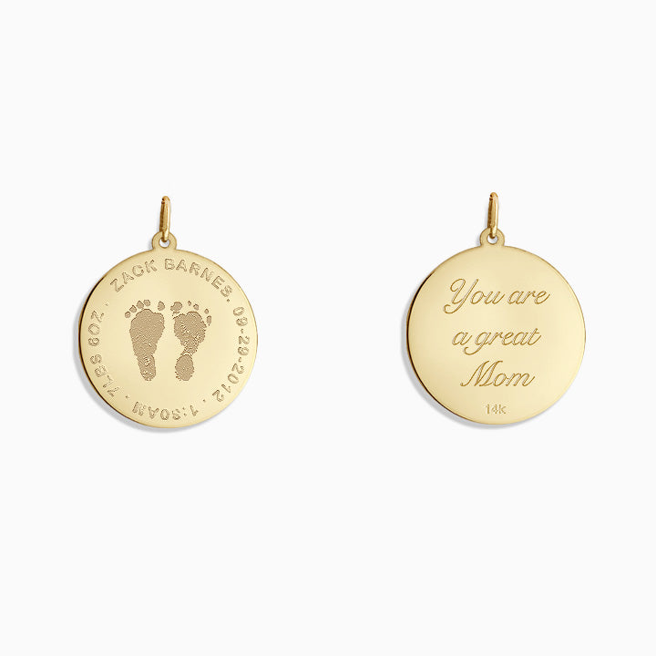 7/8 inch 14k Gold Custom Engraved Actual Baby Footprint Disc Charm Pendant - Back Engraving