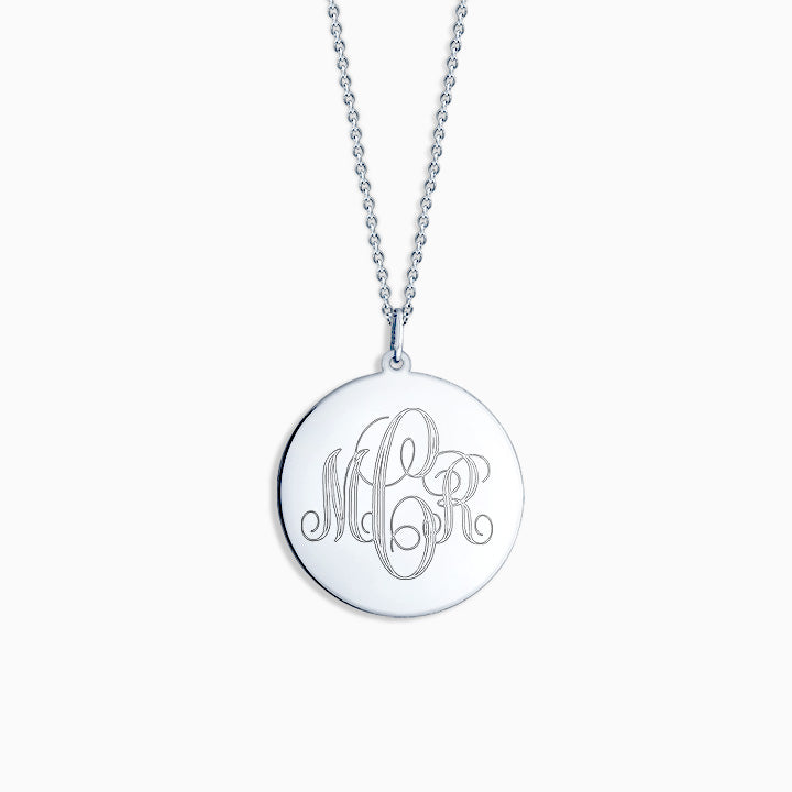 Engravable 1 inch Sterling Silver Interlocking-Script Monogram Disc Charm Necklace - Front Engraving