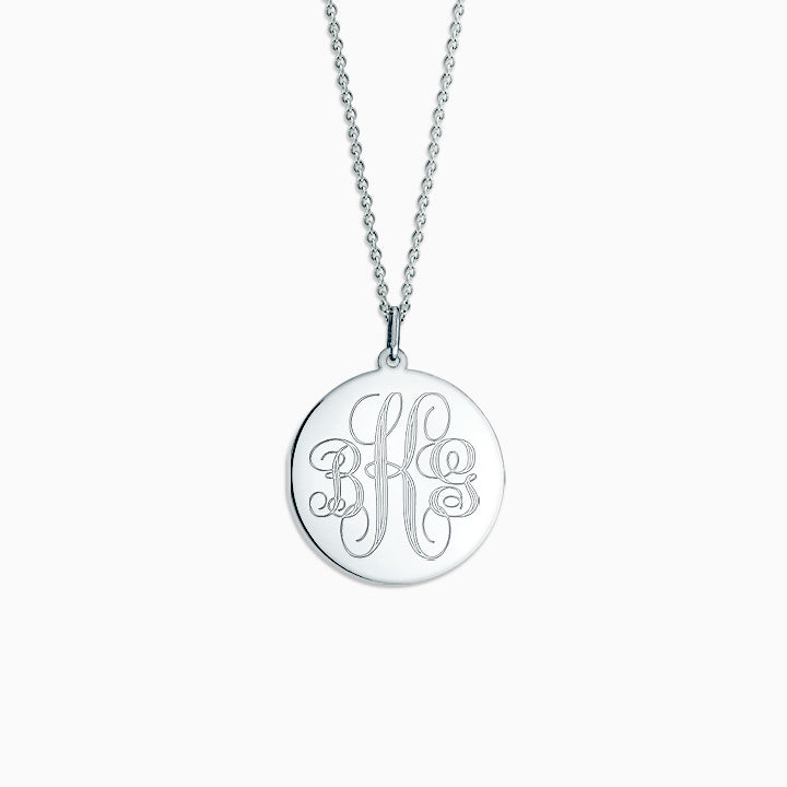 Engravable 7/8 inch Sterling Silver Interlocking-Script Monogram Disc Charm Necklace - Front Engraving