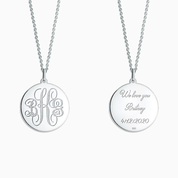 Engravable 7/8 inch Sterling Silver Interlocking-Script Monogram Disc Charm Necklace - Back Engraving