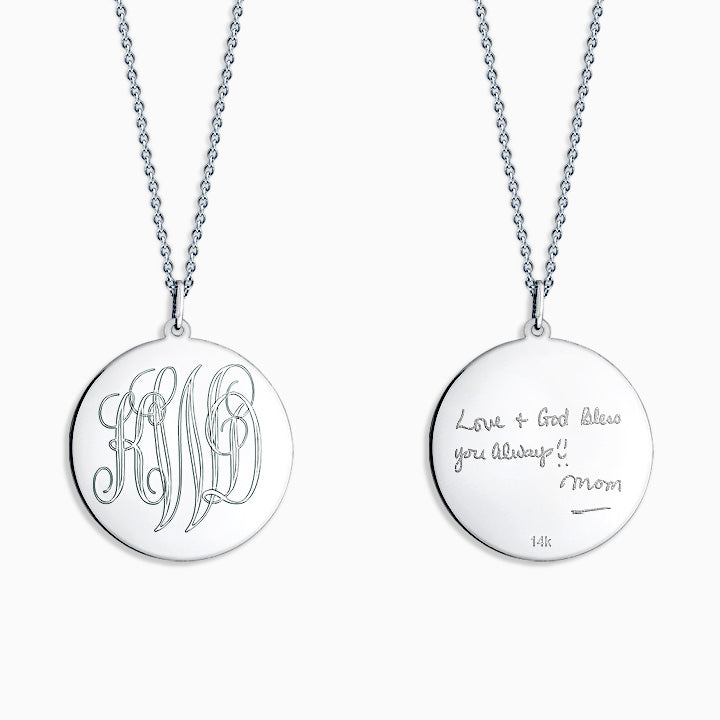 Engravable 1 inch 14k White Gold Interlocking-Script Monogram Disc Charm Necklace - Engraving